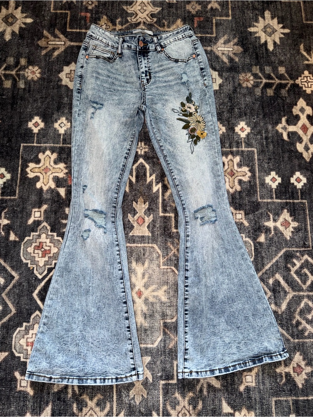 Light Blue Floral Embroidered Flare Jeans - Women's Wide Leg